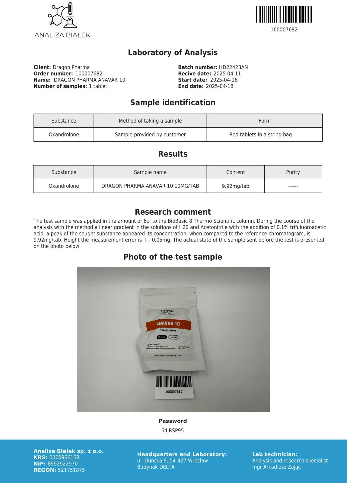Anavar 10 Certificate of Analysis