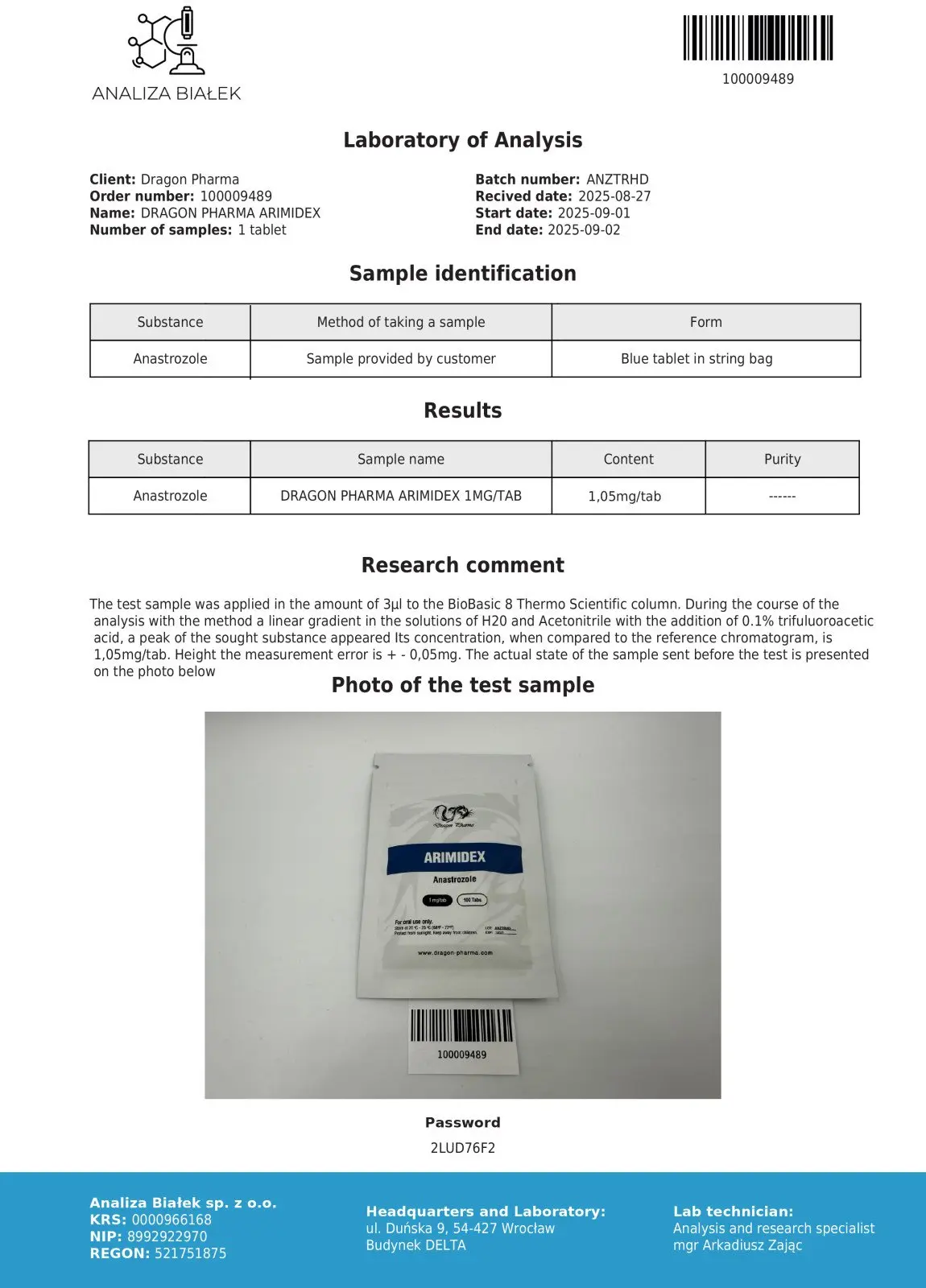 Arimidex Certificate of Analysis