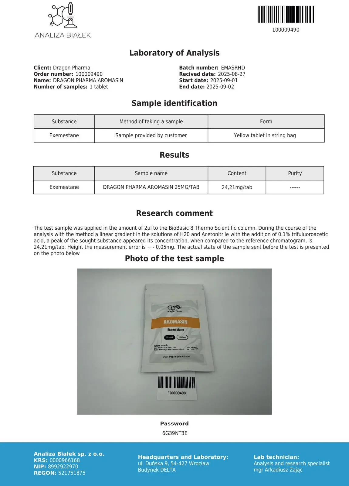 Aromasin Certificate of Analysis