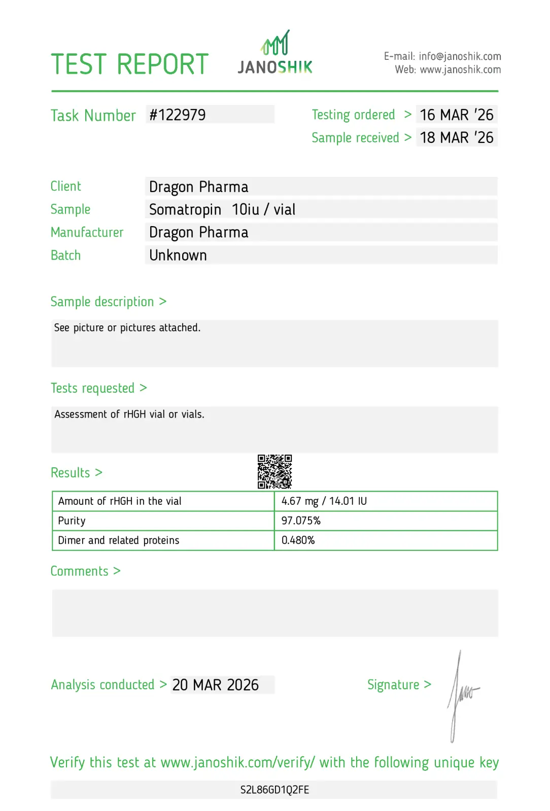 Dragontropin10iu Certificate of Analysis