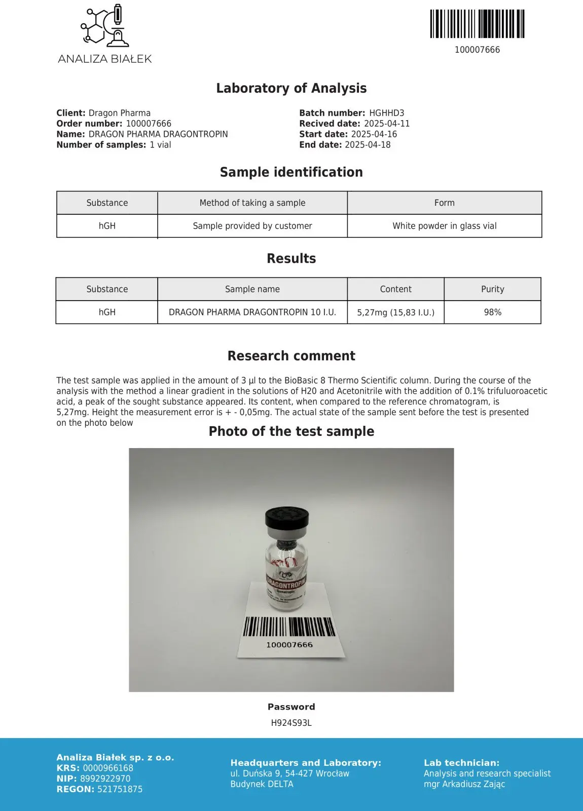 Dragontropin 10 iu 2025 Certificate of Analysis