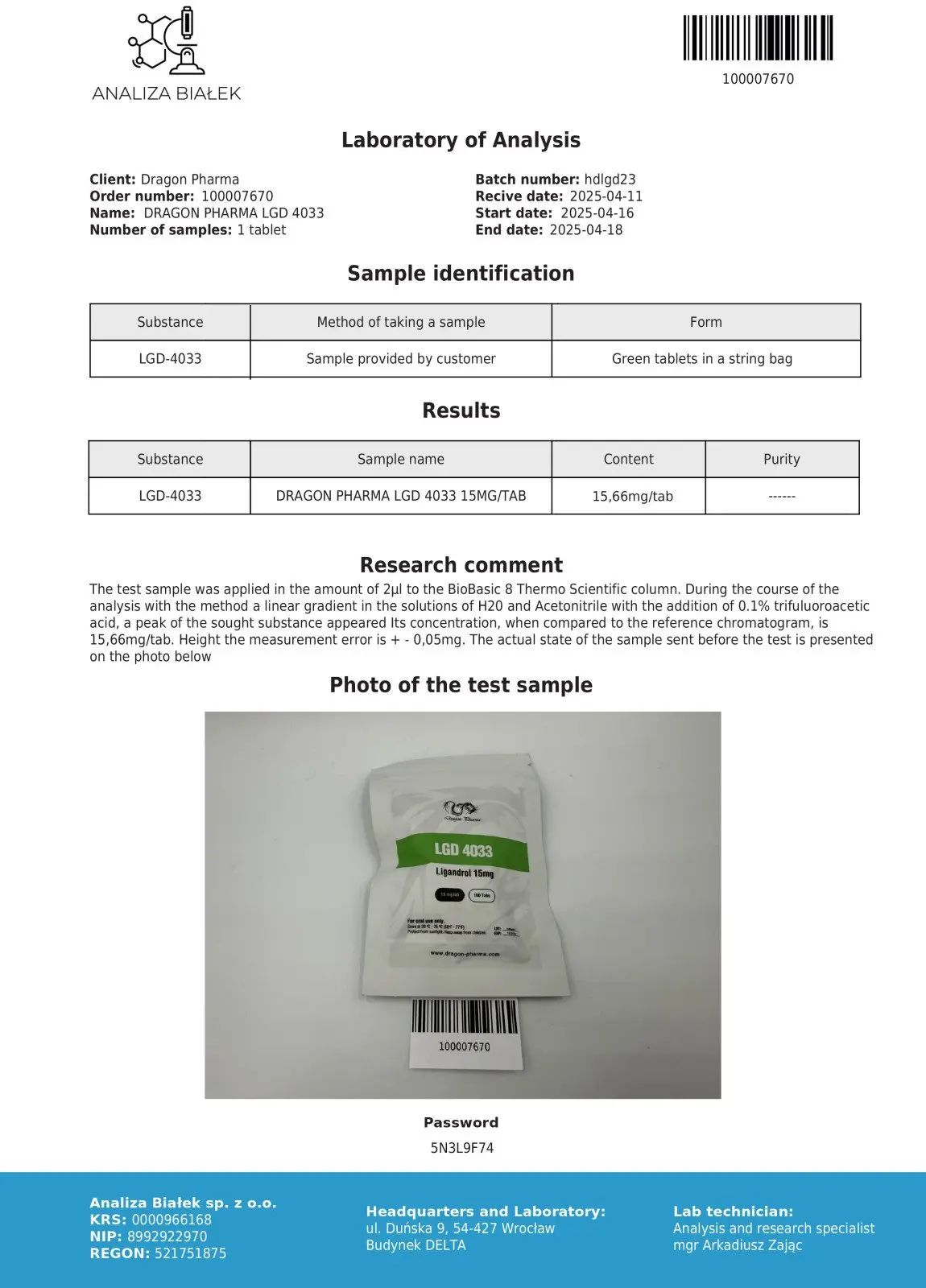 LGD 40033 Certificate of Analysis