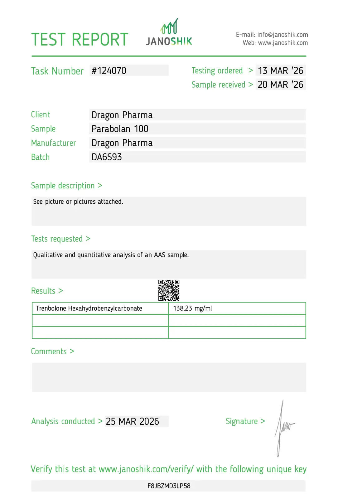 Parabolan 100 Certificate of Analysis