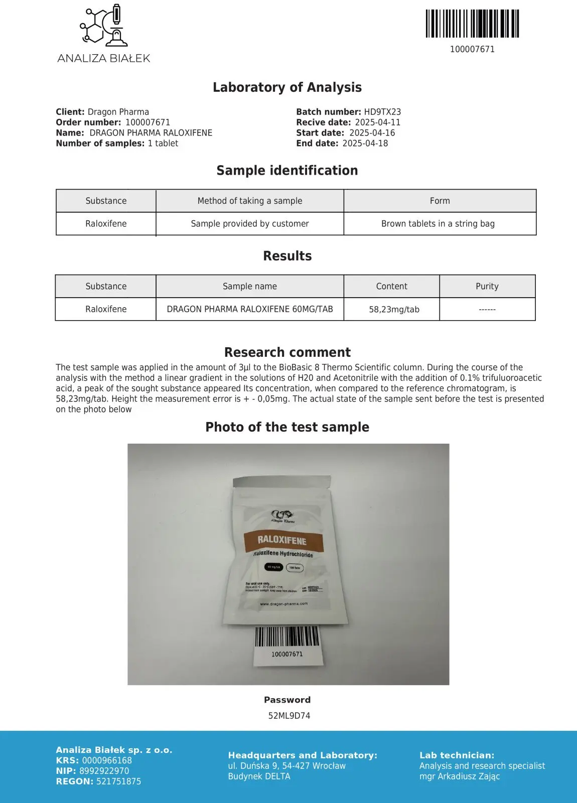 Raloxifene Certificate of Analysis