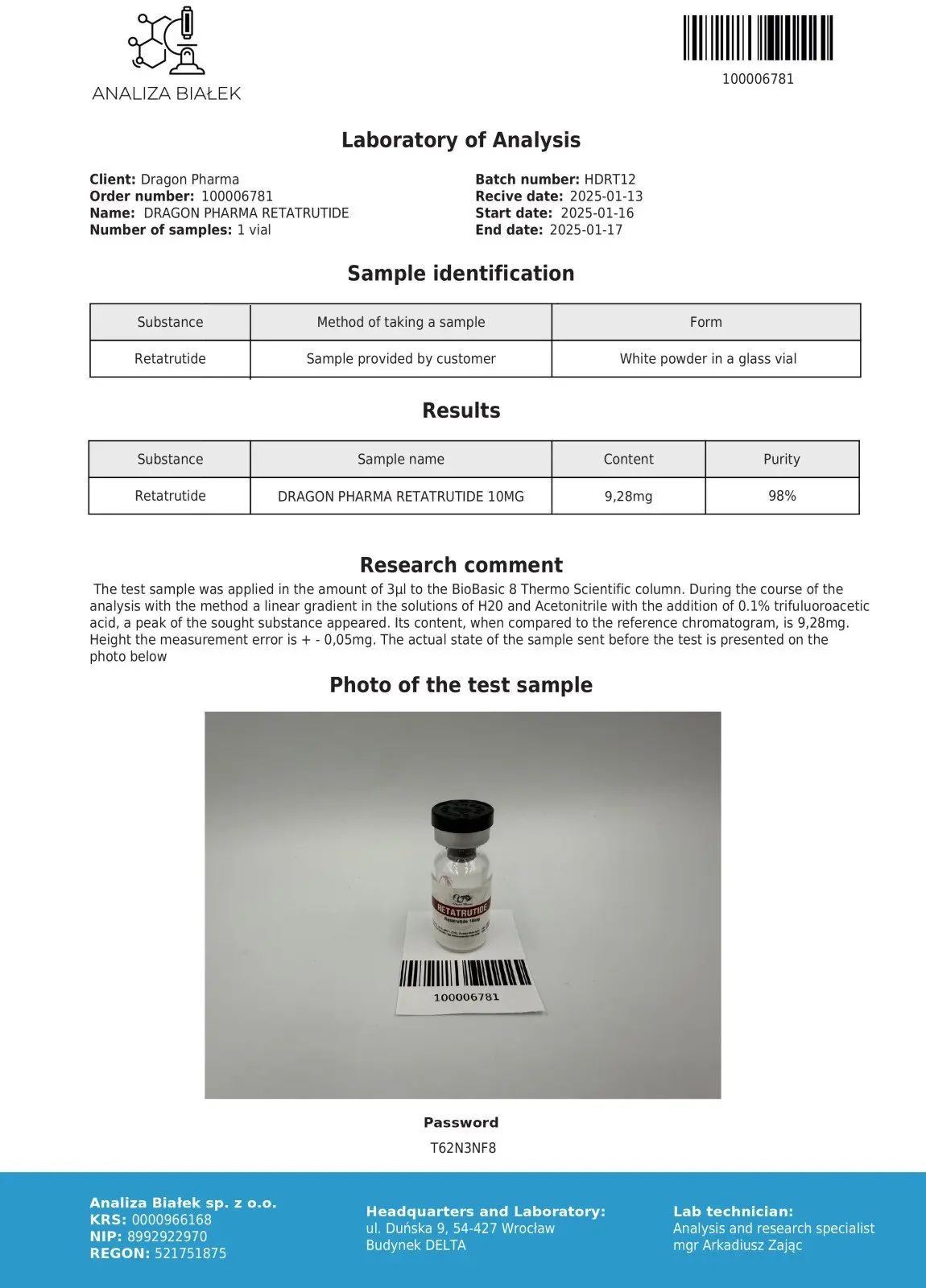 Retatrutide 10mg Certificate of Analysis