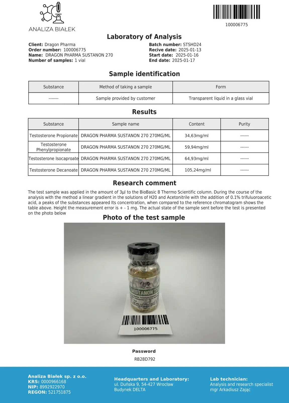 Sustanon 270 2025 Certificate of Analysis