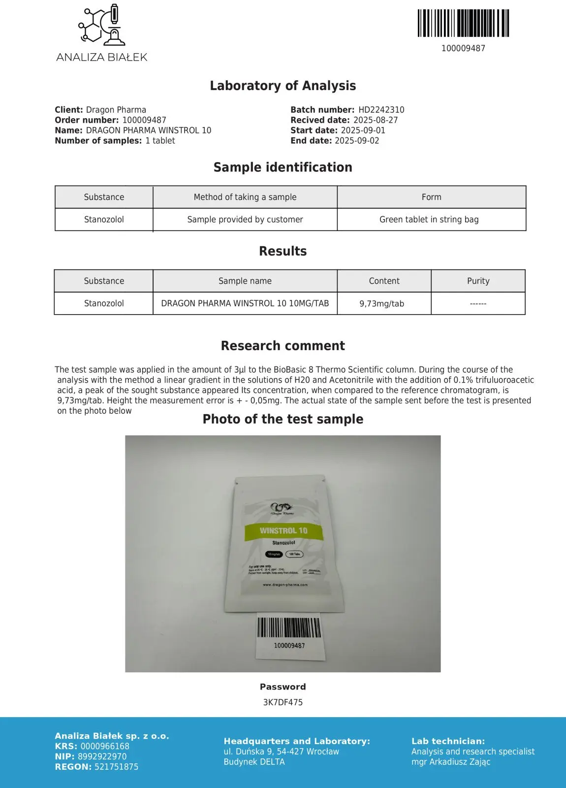 Winstrol 10 Certificate of Analysis