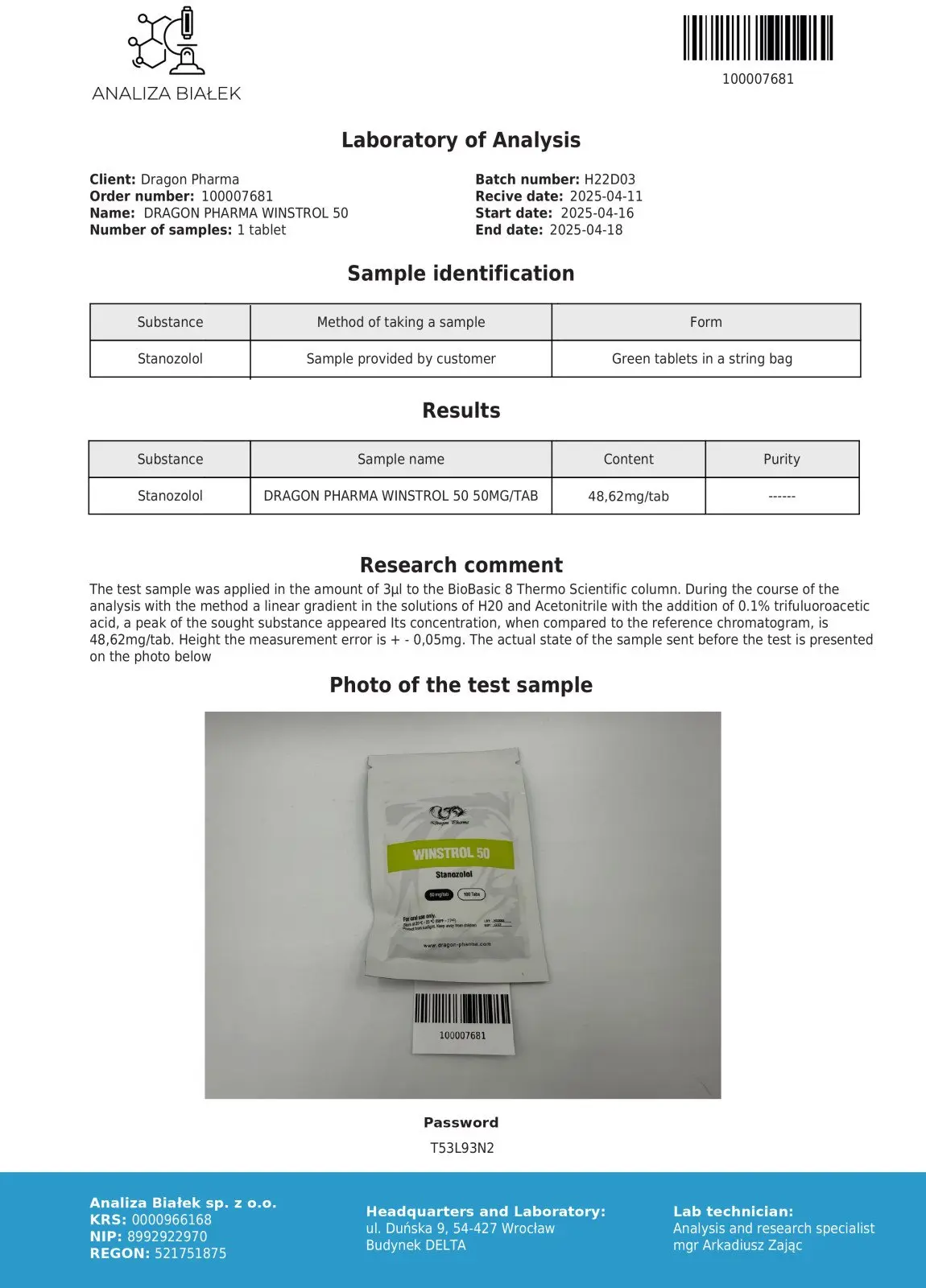 Winstrol 50 oral Certificate of Analysis